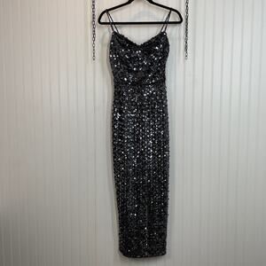 Vintage Norman Berg for DENISE Fashions Silver Sequin Gown Dress Size Small